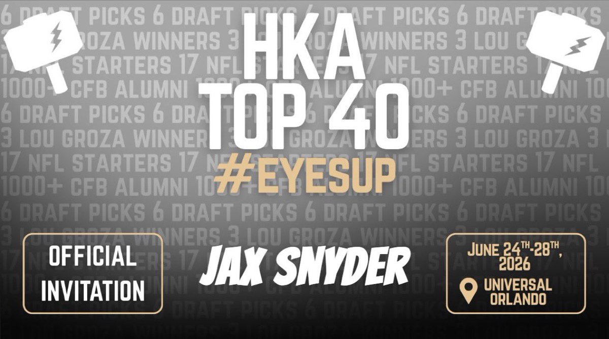HKA Top 40 2026 official invitation for Jax Snyder, June 24–28, 2026, Universal Orlando